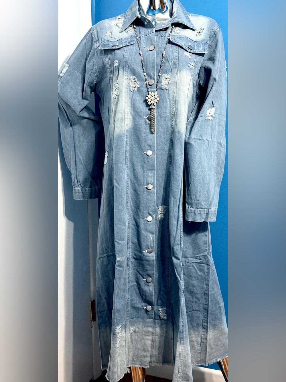 Women's Light Blue Two Tone  Distressed Ripped Denim Dress L